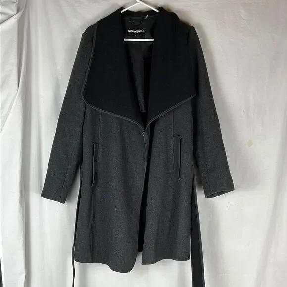 Dark Gray Karl Lagerfeld Paris Wool Blend Belted Women's Coat - Picture 2 of 8